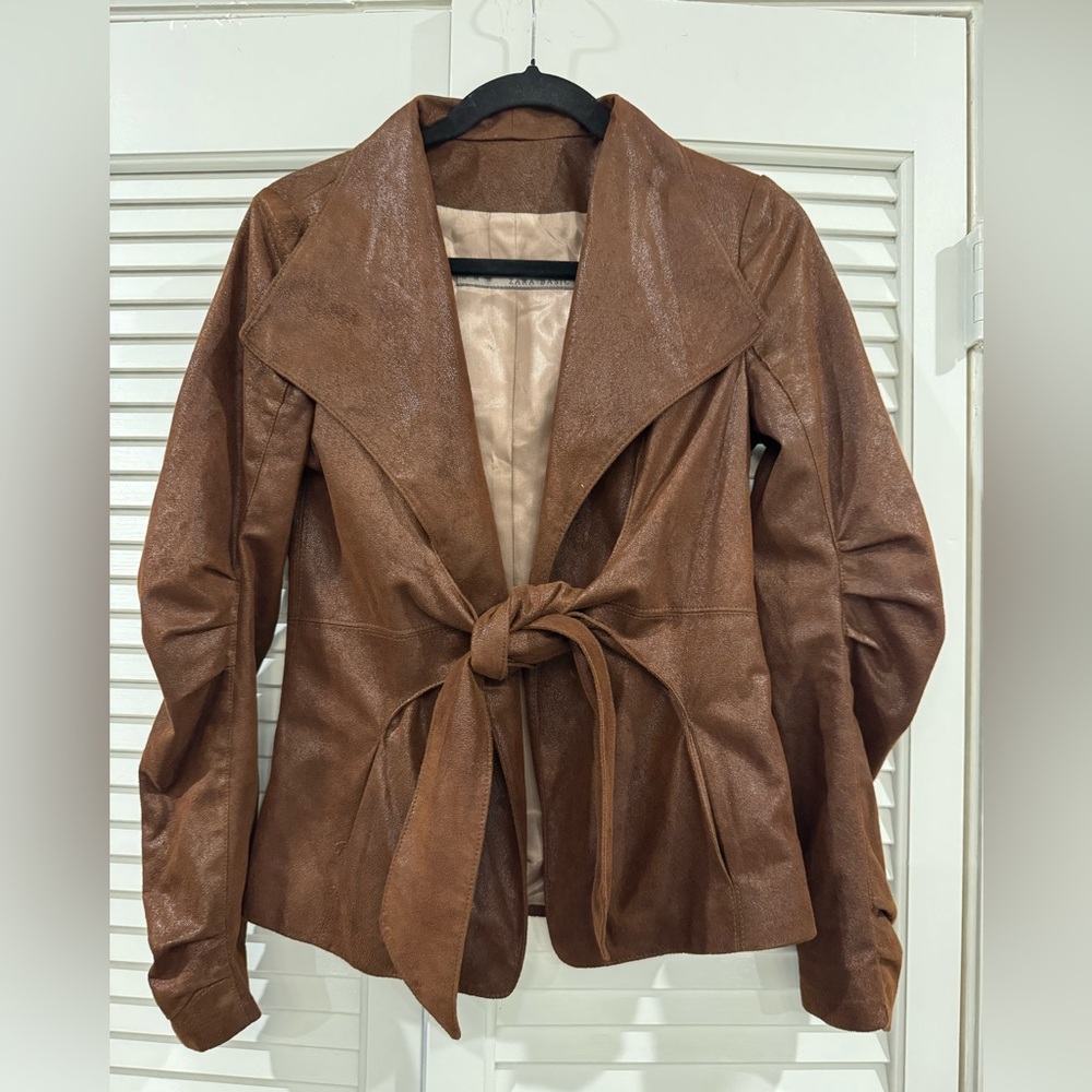Zara Brown Faux Leather Jacket with Tie-Front - Picture 1 of 3